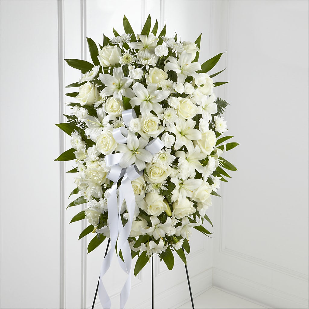 Exquisite Tribute Standing Spray-White Ribbon – BETTY'S FLOWERS AND GIFTS, Watsonville CA