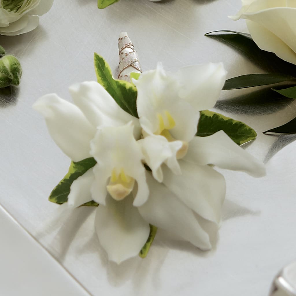 White Mini Cymbidium Boutonniere – BETTY'S FLOWERS AND GIFTS, Watsonville CA
